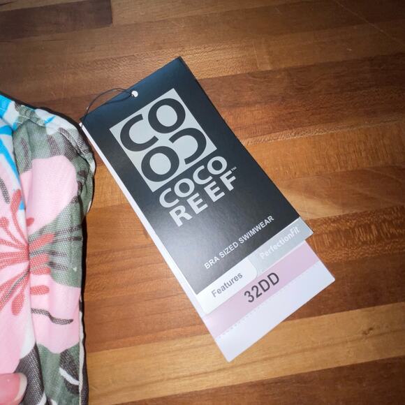 Coco Reef Women's Palm-Print Mesh-Overlay Tankini - Blue 32DD - Picture 3 of 11